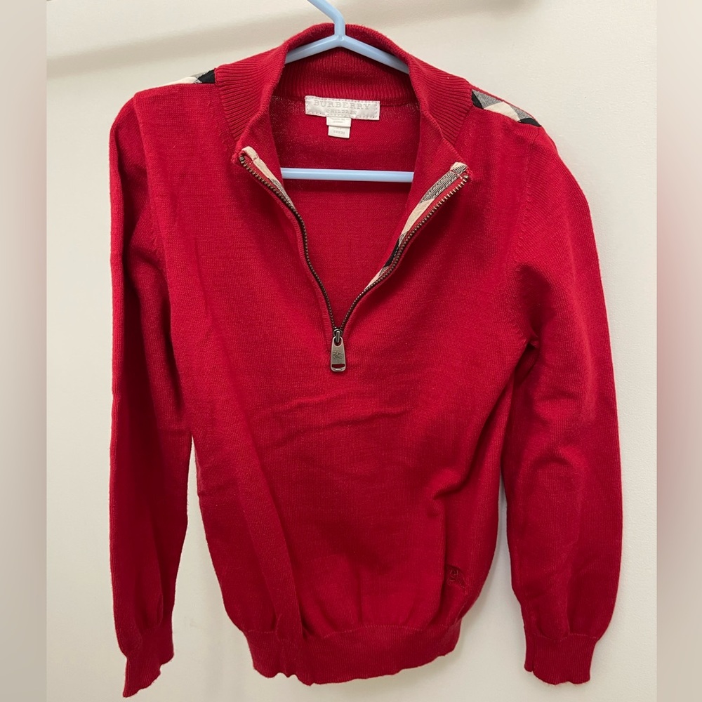Burberry Red Sweater w/ Plaid Shoulder Lining & Burberry Zipper (Unisex) Size 5Y